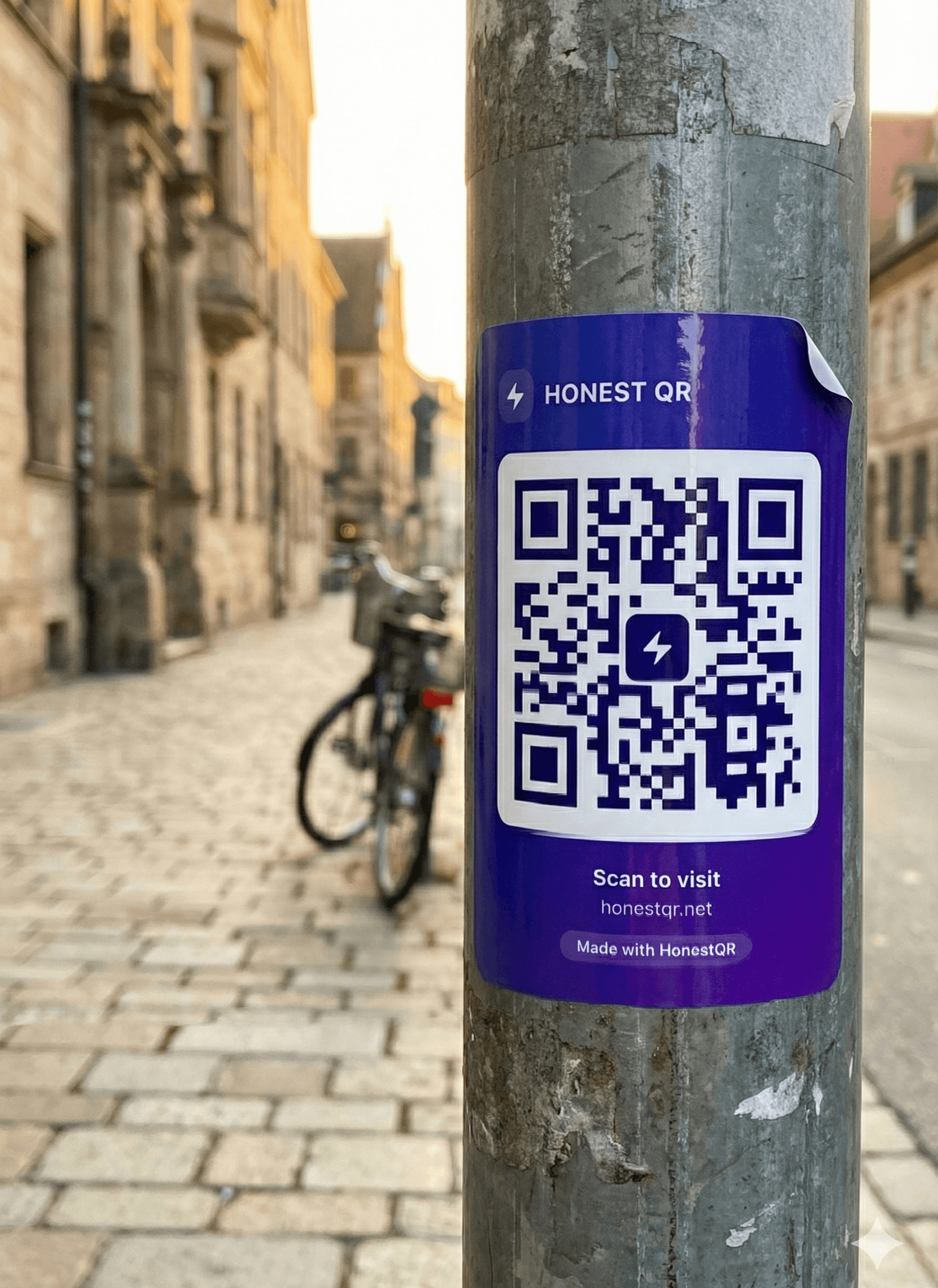 QR code sticker on a street pole directing passersby to a website, demonstrating outdoor signage use