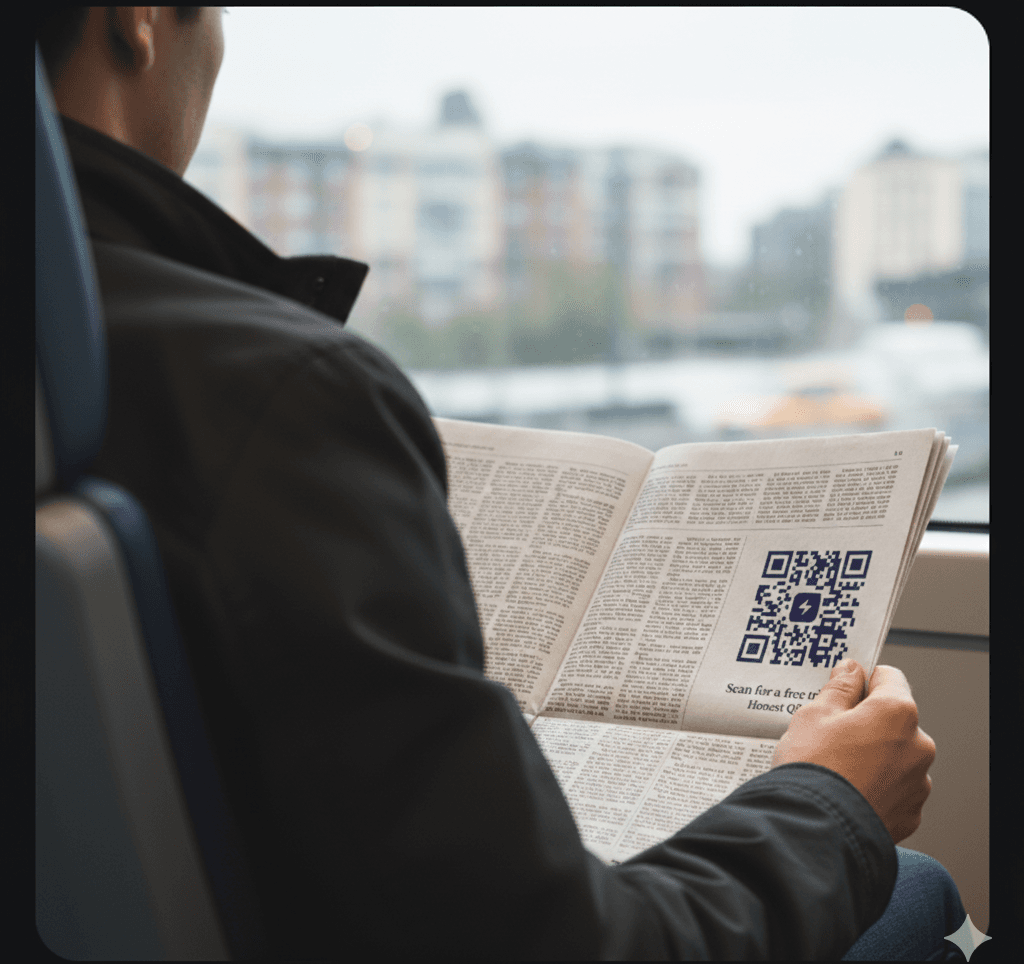 QR code featured in a newspaper advertisement scanned by a commuter on a train