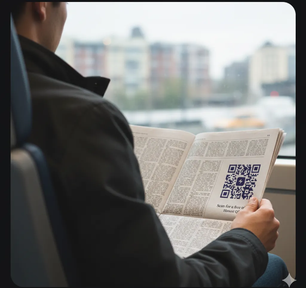 QR code featured in a newspaper advertisement scanned by a commuter on a train